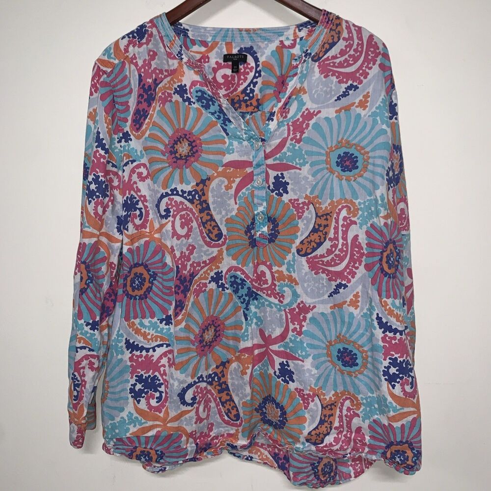 Talbots Camp Shirt Women’s 2X Floral Art To Wear Linen Top Roll Sleeve Coastal